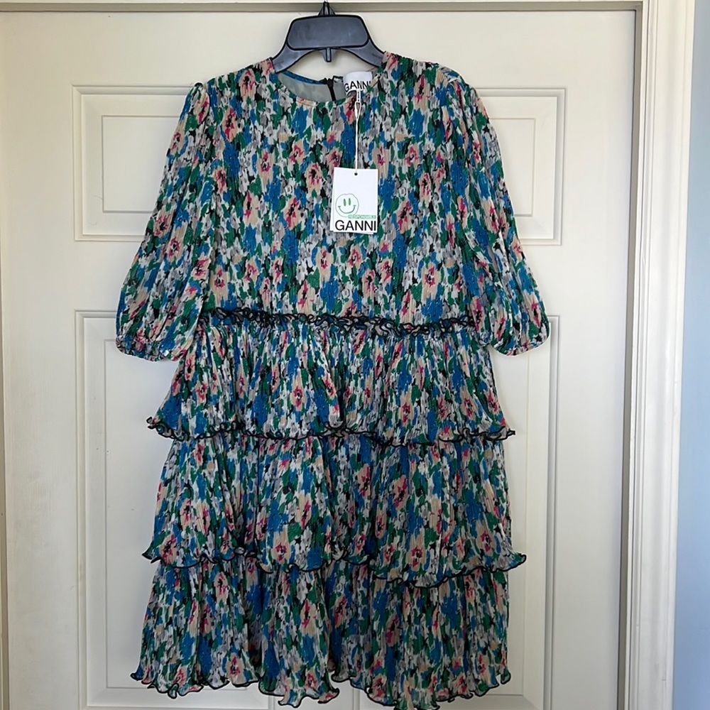 Ganni designer floral azure blue dress